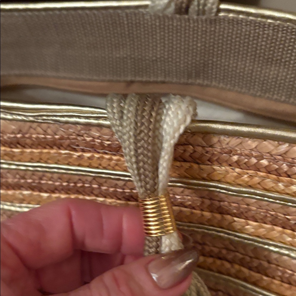 Striped Tan Gold silver and Cream wovenTote Bag - Picture 4 of 7